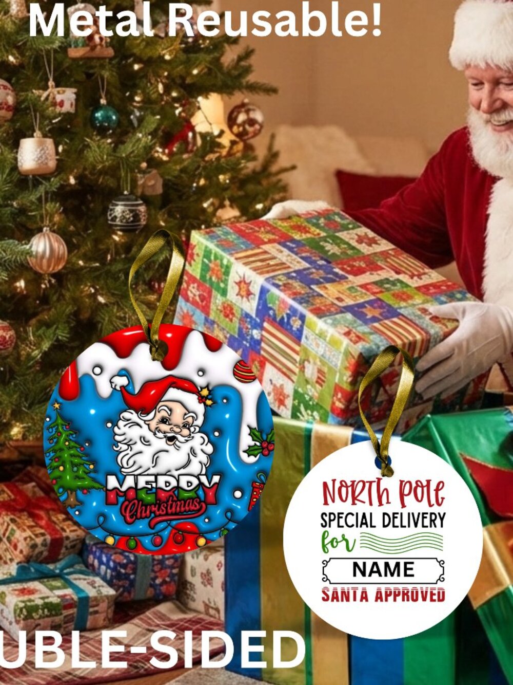Santa Reusable Metal Christmas Tag Personalized.